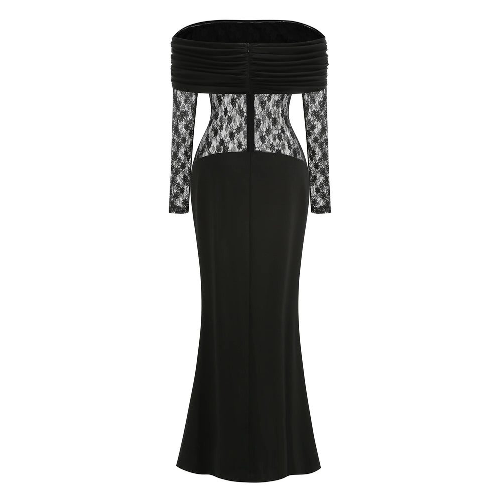 Off-shoulder lace panel gown detail view