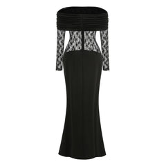 Off-shoulder lace panel gown detail view
