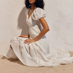 Puff Sleeve V-Neck Maxi Dress