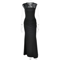 Mesh Cap Sleeve Ruched Bodycon Maxi Dress