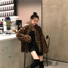 Leopard Print Stand collar Warm Parkas Loose Faux Fur Coats