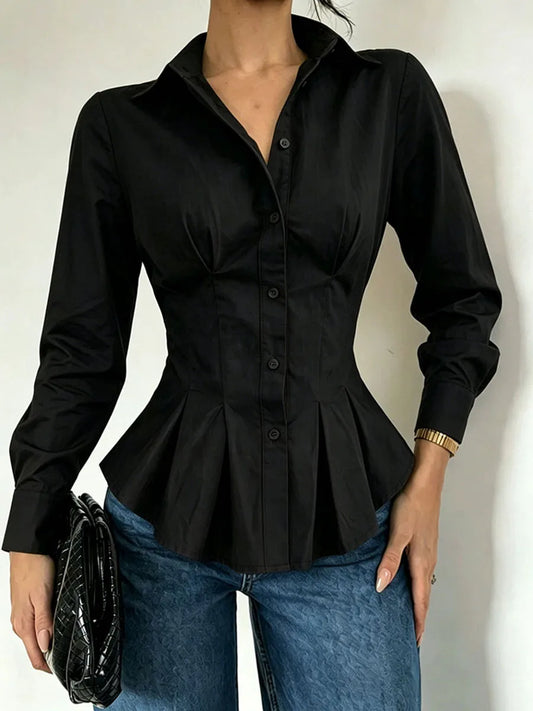 Ruched waist pleated peplum shirt in black