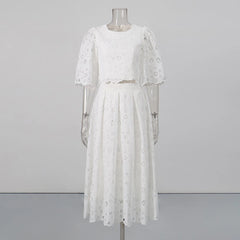 O-Neck Lace Overlay Puff Sleeve Cropped Top and Pleated Midi Skirt Set