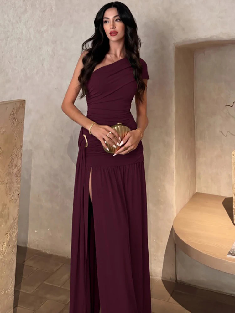 Burgundy one shoulder draped maxi dress