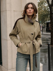 Faux Leather Patchwork Collar Belt Waist Cinched Jacket