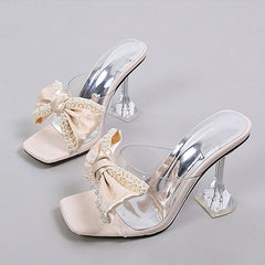 New Style Pink Women Slippers Sandals Fashion Pearl Bowknot High Heels PVC Transparent Shoes Summer Mule Slides Pumps. Golden Atelier 3