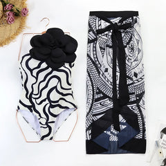 One-Shoulder Swimsuit with Oversized Flower Detail and Matching Printed Sarong Set