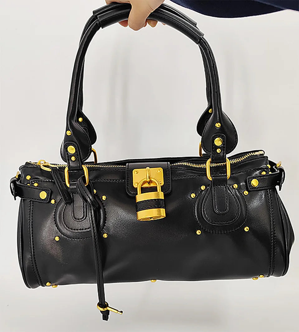 Black studded lock top handle bag