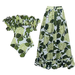 Ruffled Floral Print One-Piece Swimsuit and Maxi Skirt Set