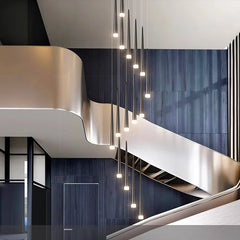  Contemporary chandelier with geometric design, illuminating Stair case of a modern living room. Golden Atelier 3