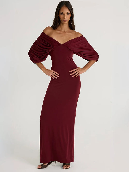 Burgundy draped off-shoulder ruched maxi dress front view