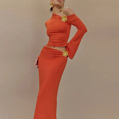 3D Floral-applique Long Sleeve Orange Skirt Suit