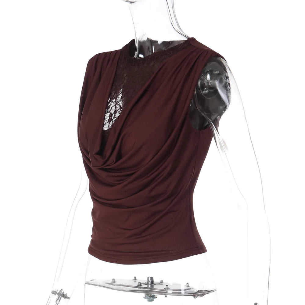 Brown sleeveless top on a mannequin with a white background