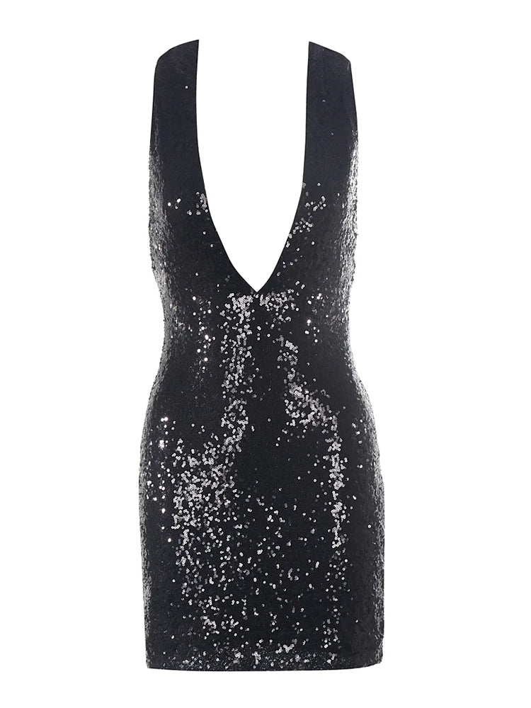 Black sequin dress with a deep neckline on a white background