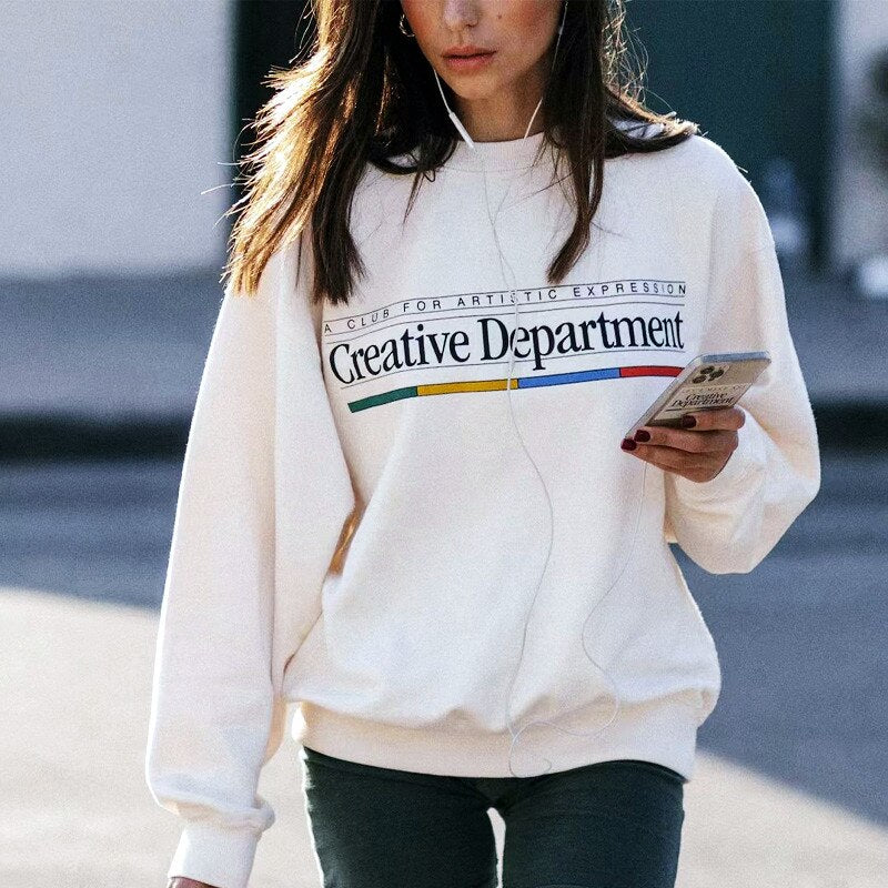 Women White Sweatshirts Long Sleeve Loose Cotton Thick Pullover