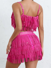 Women's Sequin Feather Tassel Fringe Mini Skirt and Top Sets