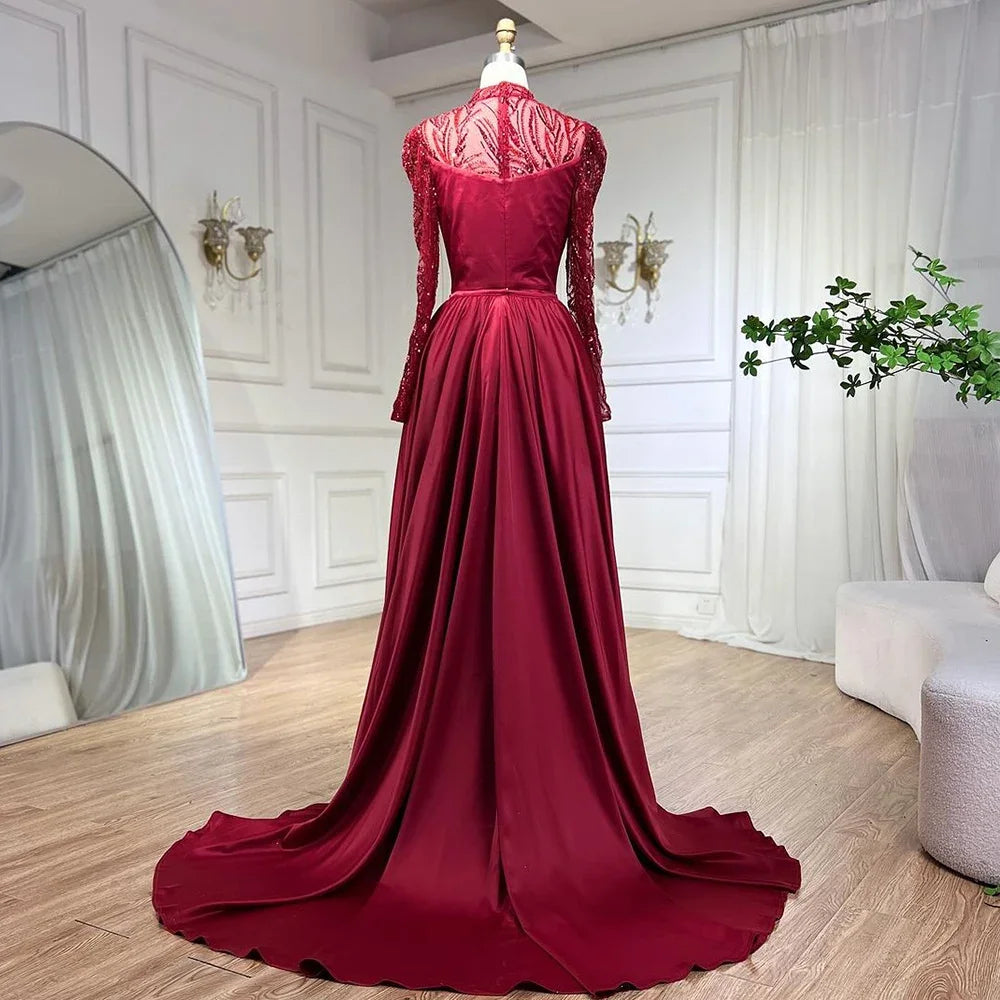 Wine Red Mermaid Lace Beaded Satin Formal Gowns