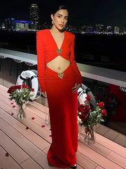Elegant full sleeve red gown designed for romantic celebration
