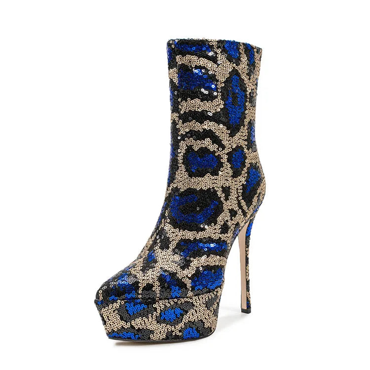 Blue and gold sequin platform high heel boot on a white background
