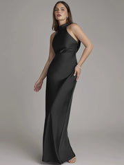 Halter Neck Sleeveless Satin Maxi Dress