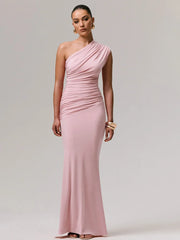 One-shoulder ruched gown in pink