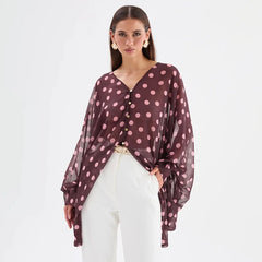 Polka Dot V-Neck Sheer Blouse Top