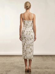 White Floral Appliqu�� V-Neck Midi Dress