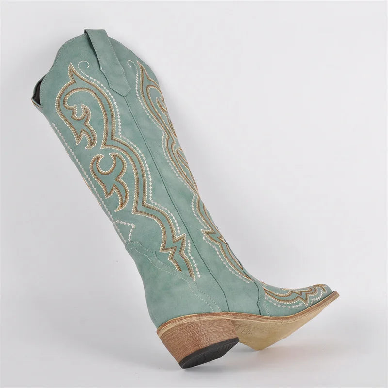 Embroidery pointed toe side zip boots