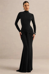 Long Sleeve Turtleneck Drape Tie Up Waist Detail Maxi Dress