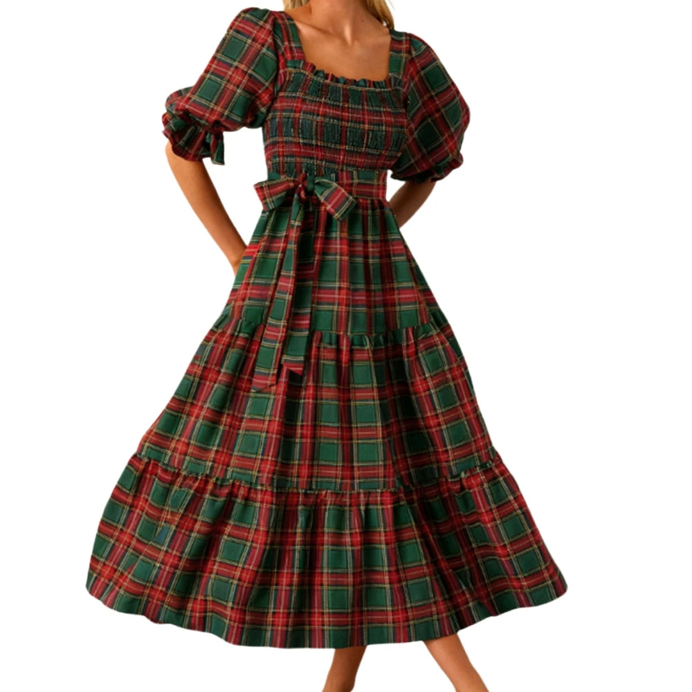 Red and green plaid dress with puff sleeves on a white background