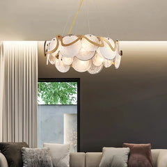  Modern smoke grey chandelier with glass accents, hanging in a stylish living room. Golden Atelier 4