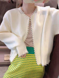 O Collar Knitting Cardigan Pearl Trim Long Sleeve Sweater