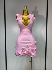 Pink crystal flower v-neck sleeveless gown