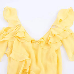 Tiered ruffle cold shoulder midi dress neckline detail