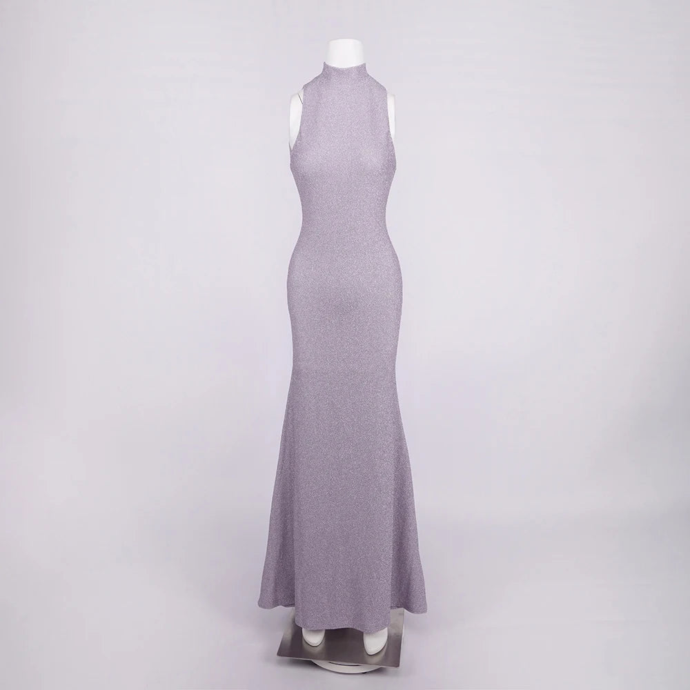 Long gray dress on a mannequin against a white background