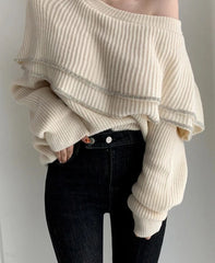 Solid Color Elegant Pullovers Apricot Black Loose Sweaters