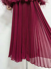 Round Collar Bow Neck Long Sleeve Pleated Maxi Dress