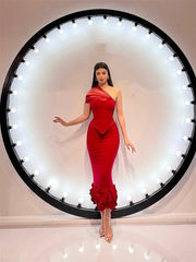 Red one-shoulder corset gown with ruffled hem