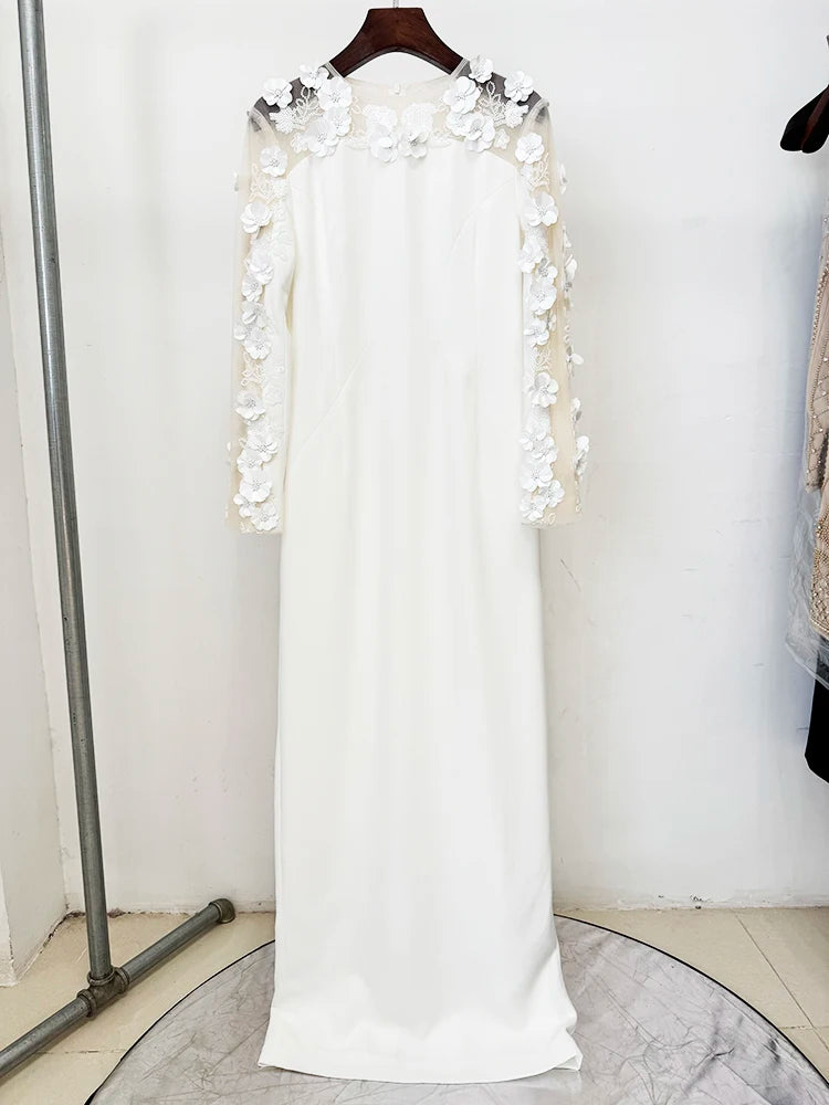 White three-dimensional flower mesh sleeve maxi dress, detail on hanger