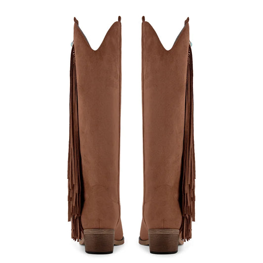 Back view of fringe detail pointed toe western boots
