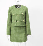 Tweed O-neck Long Sleeve Heart Button Mini Skirt Suit