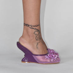 Embellished Mesh Wedge Mule Shoes