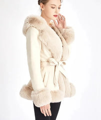 Furry Hood Suede Coat With Belt Thick Jackets for Women Beige Three