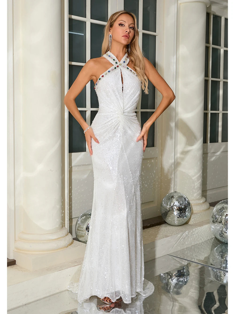 Mesh Sequin Floor Length White Mermaid Dress