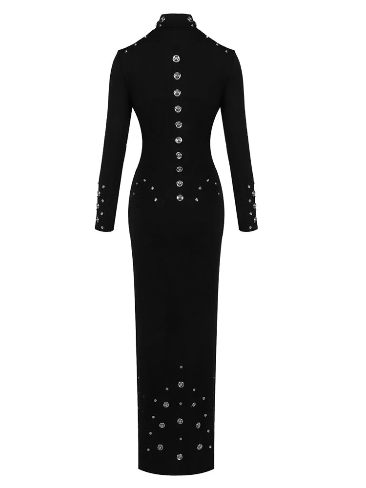 Black dress with silver buttons and embellishments