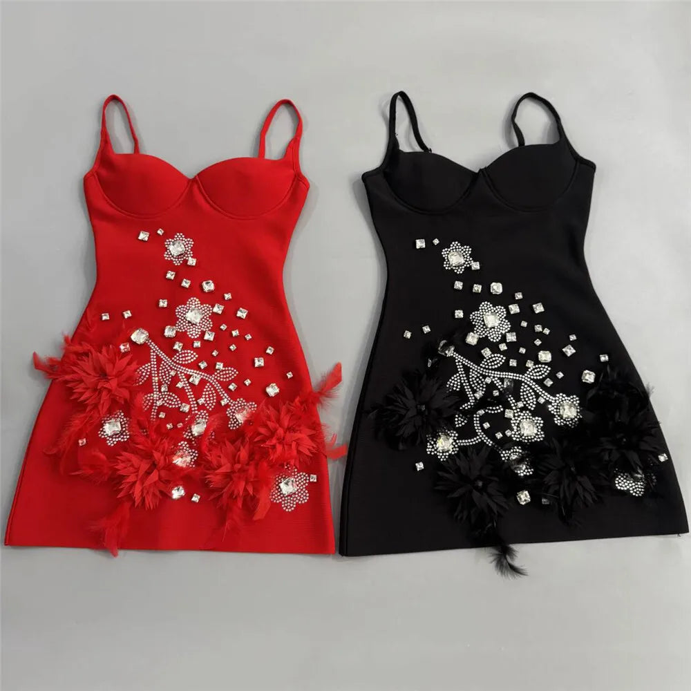 Red rhinestone and feather embellished mini dress