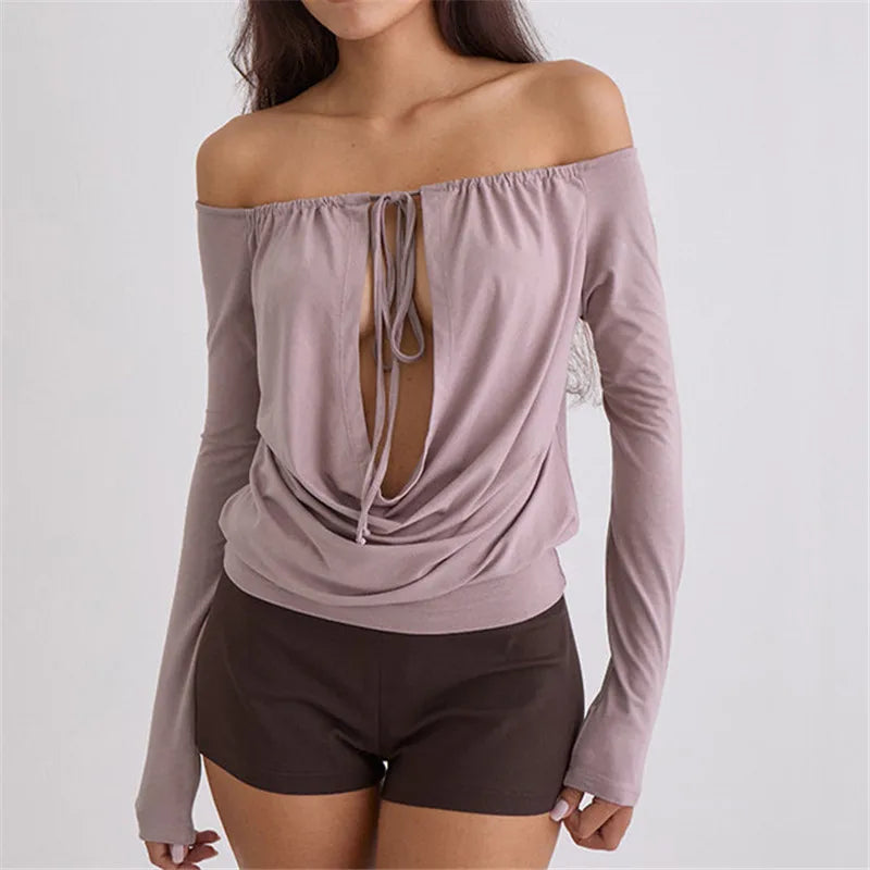 Off shoulder tie keyhole cutout cowl neck top, front view