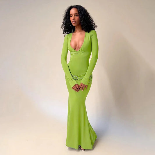 Lime green plunge neck full sleeve maxi dress with ruched waist detail