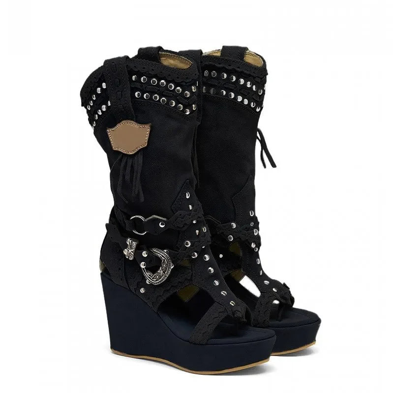 Black studded tassel wedge boots with open toe