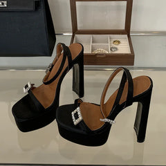 Platform Heels Square Toe Buckle Strap Shoes